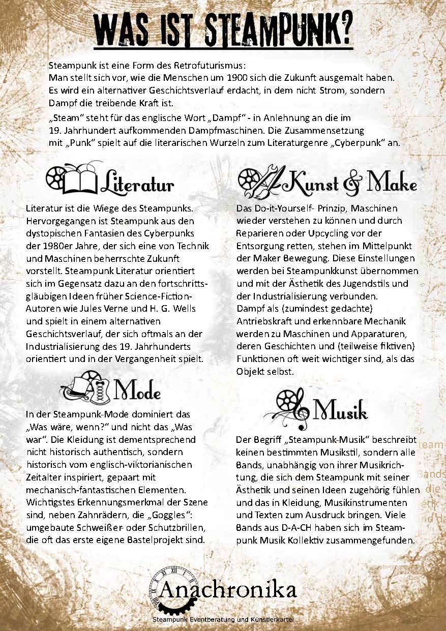 Was ist Steampunk? Eine Kurzerklärung als Plakat von Anachronika mit den Themen Literatur, Steampunk Musik, Kunst und Make sowie Mode